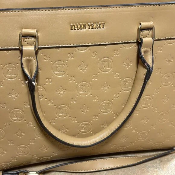 Ellen Tracy Monogram Signature Collection Double Handle Satchel Tan Faux Leather - Picture 9 of 16